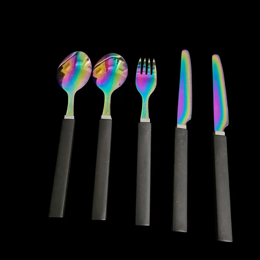 Tomodachi 5 Pc Rainbow Iridescent Flatware Set Black Handles Fork Spoon Knives